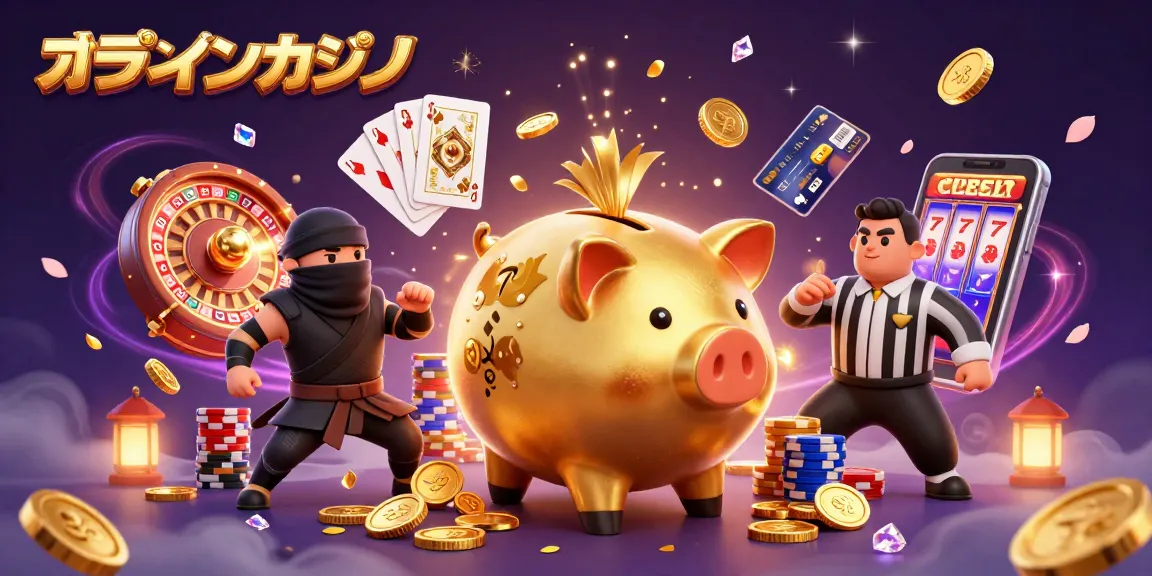 オンラインカジノを楽しむための金色の豚の貯金箱相撲力士がコインを振り撒くシーン。