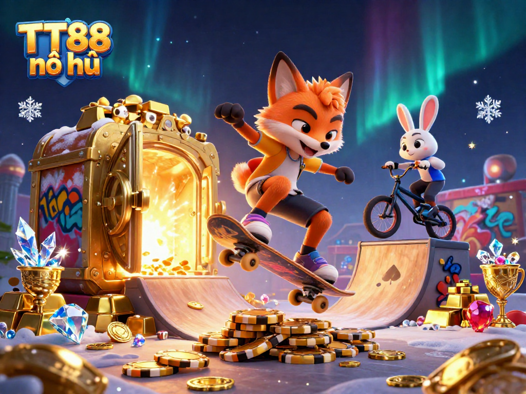 Engage in TT88 nổ hũ with energetic fox and rabbit gaming in a colorful casino environment.