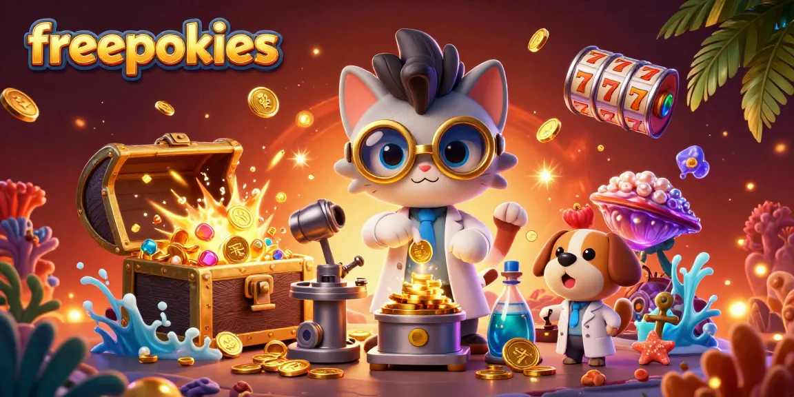 Experience exciting freepokies fun with a cartoon scientist and loyal dog amidst gold treasure!