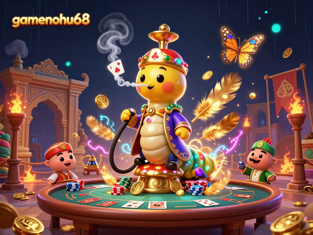 Experience thrilling poker action with gamenohu68 in a vibrant casino scene filled with animated characters and rich details.