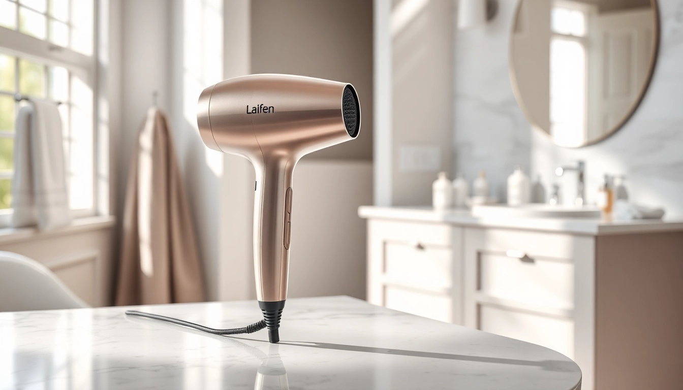 Laifen hair dryer displayed on a stylish countertop, complementing modern bathroom aesthetics.