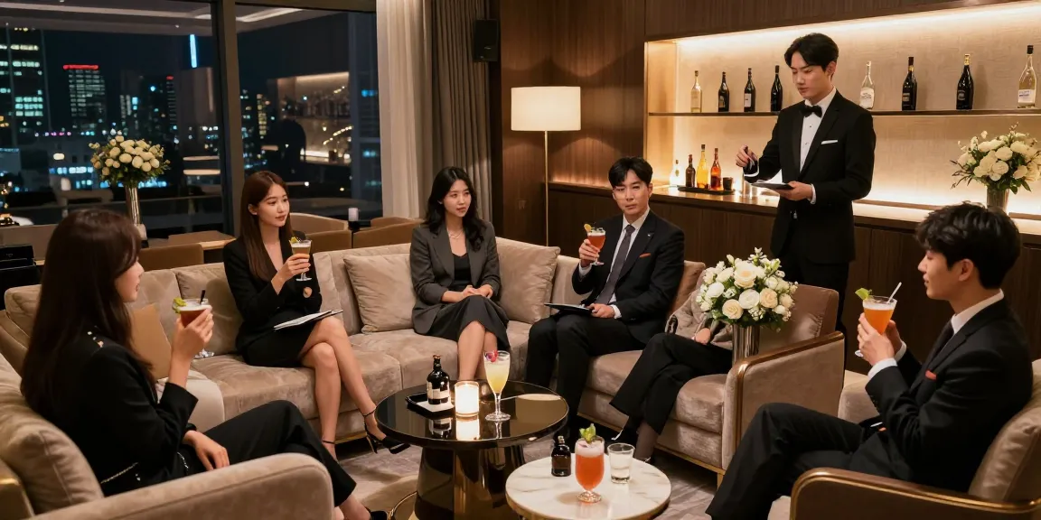 강남 쩜오에서 고급스러운 분위기의 연회장과 매니저의 서비스 모습