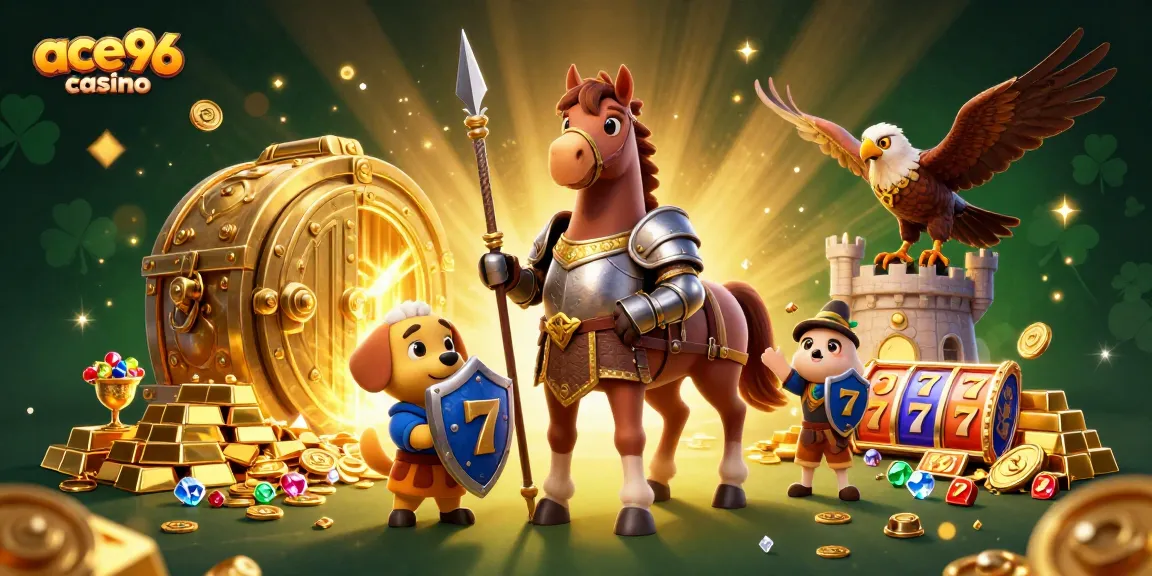 Experience the excitement of ace96 casino with knight, squire, and falcon amidst jackpots and treasures.