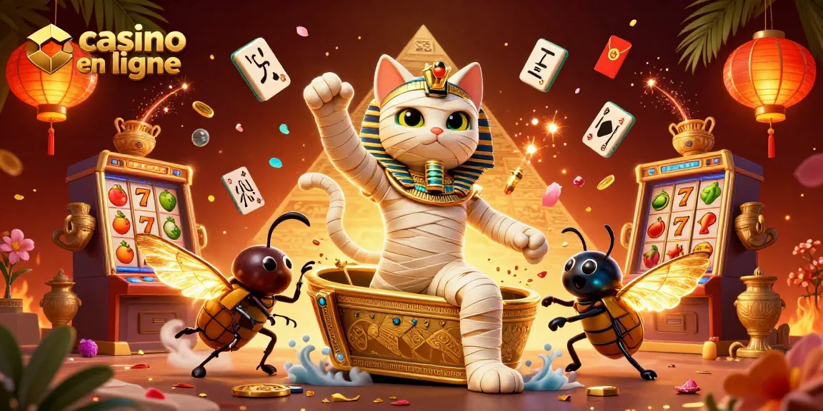 Une illustration dynamique de casino en ligne présentant un chat momie égyptien et un scarabée dans une pyramide.