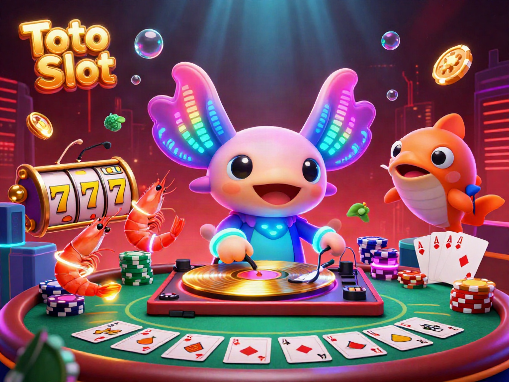 Visualisasi aksi yang menarik dengan Toto Slot, DJ axolotl dan karakter laut lainnya merayakan kemenangan jackpot.