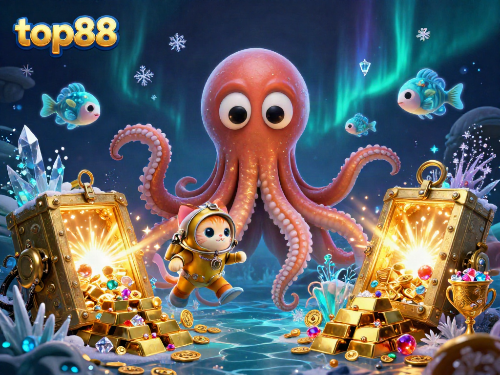 Experience the thrill of top88 with a captivating 3D illustration showcasing a kraken and diving cat in a treasure-filled ocean.
