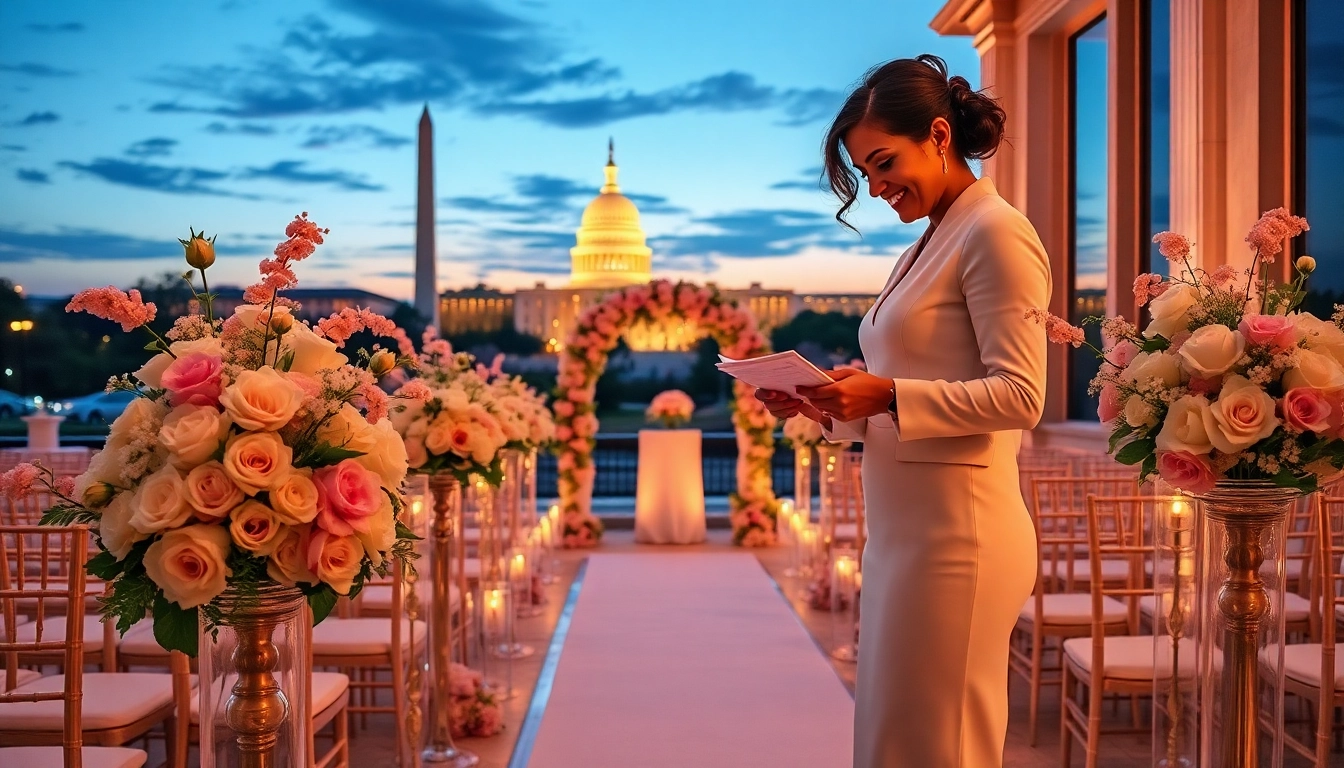 Washington dc wedding coordinator managing a joyful ceremony setup in a picturesque D.C. venue.