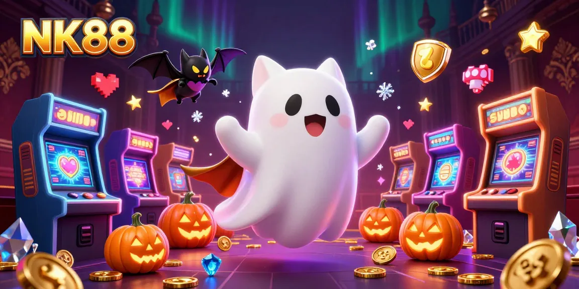 Experience thrilling gameplay at NK88, where a friendly ghost cat and vampire bat enhance the casino adventure.