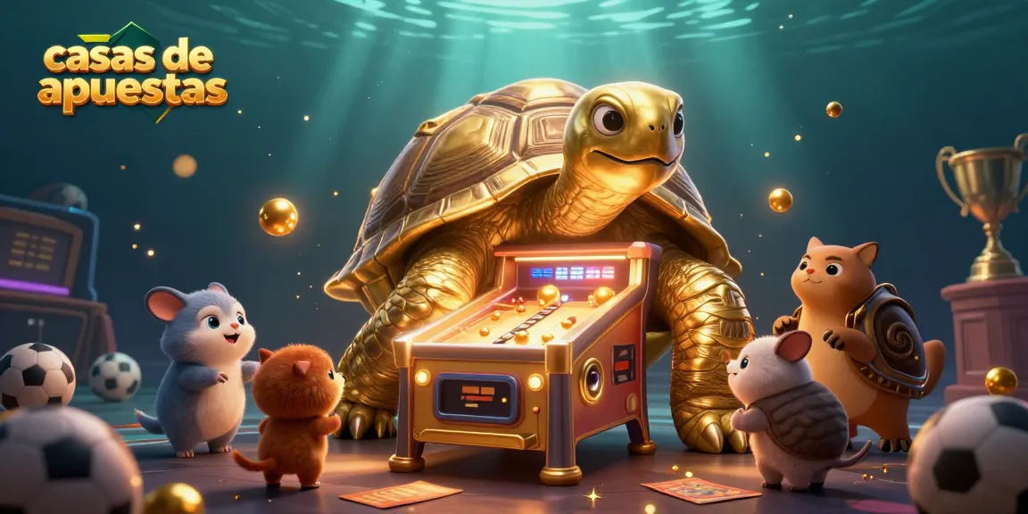 Apuesta en casas de apuestas con una tortuga dorada y elementos deportivos vibrantes.