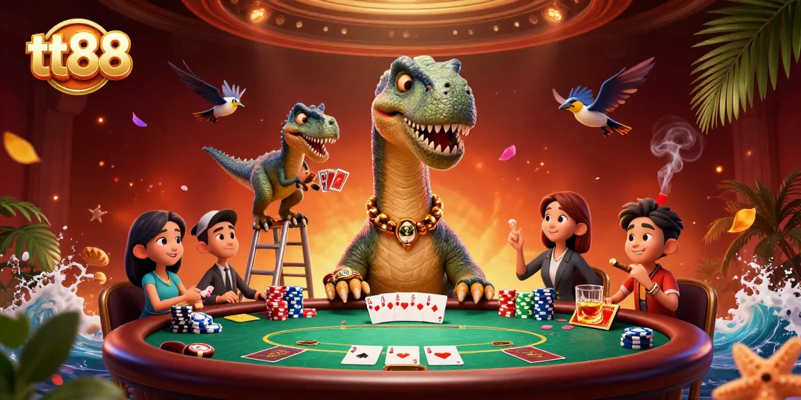 Join the exciting poker action at tt88 with captivating characters in a vibrant casino scene.