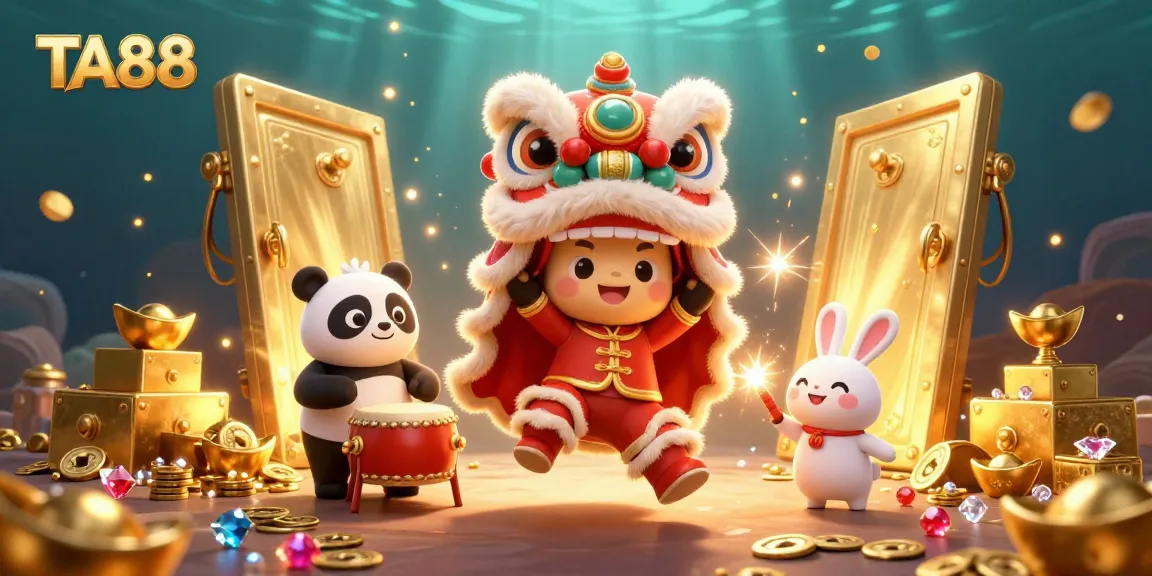 Engage with TA88's vibrant casino illustrated scene featuring a lion dance and treasure elements.