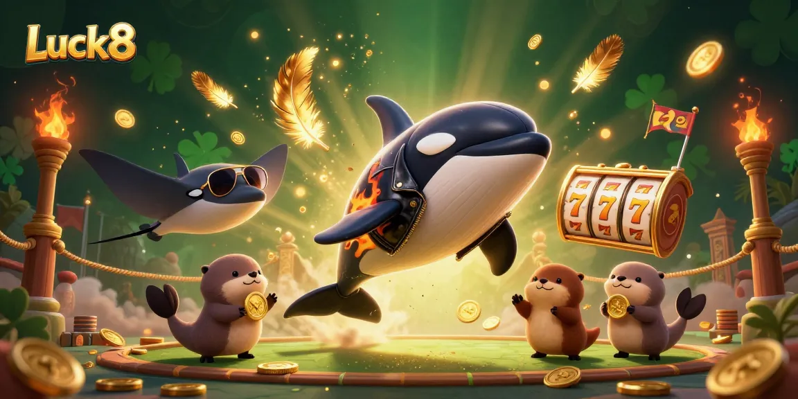 Luck8 orca whale in a jumping pose surrounded by slot machines and golden coins, creating a festive casino atmosphere.
