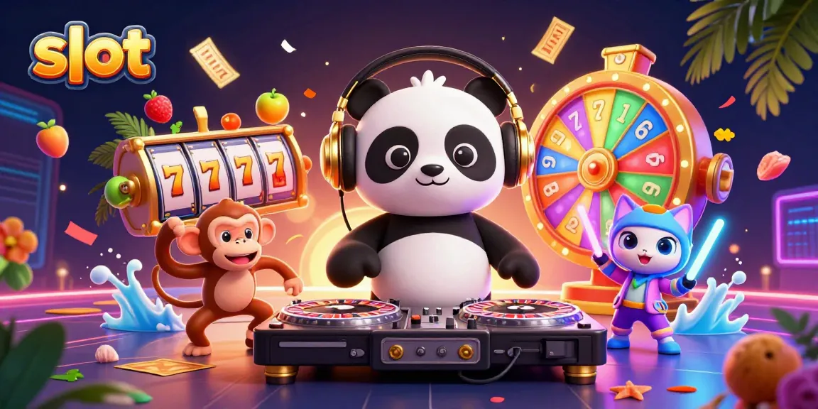 Experience thrilling slots with vibrant characters in a colorful, animated casino scene.