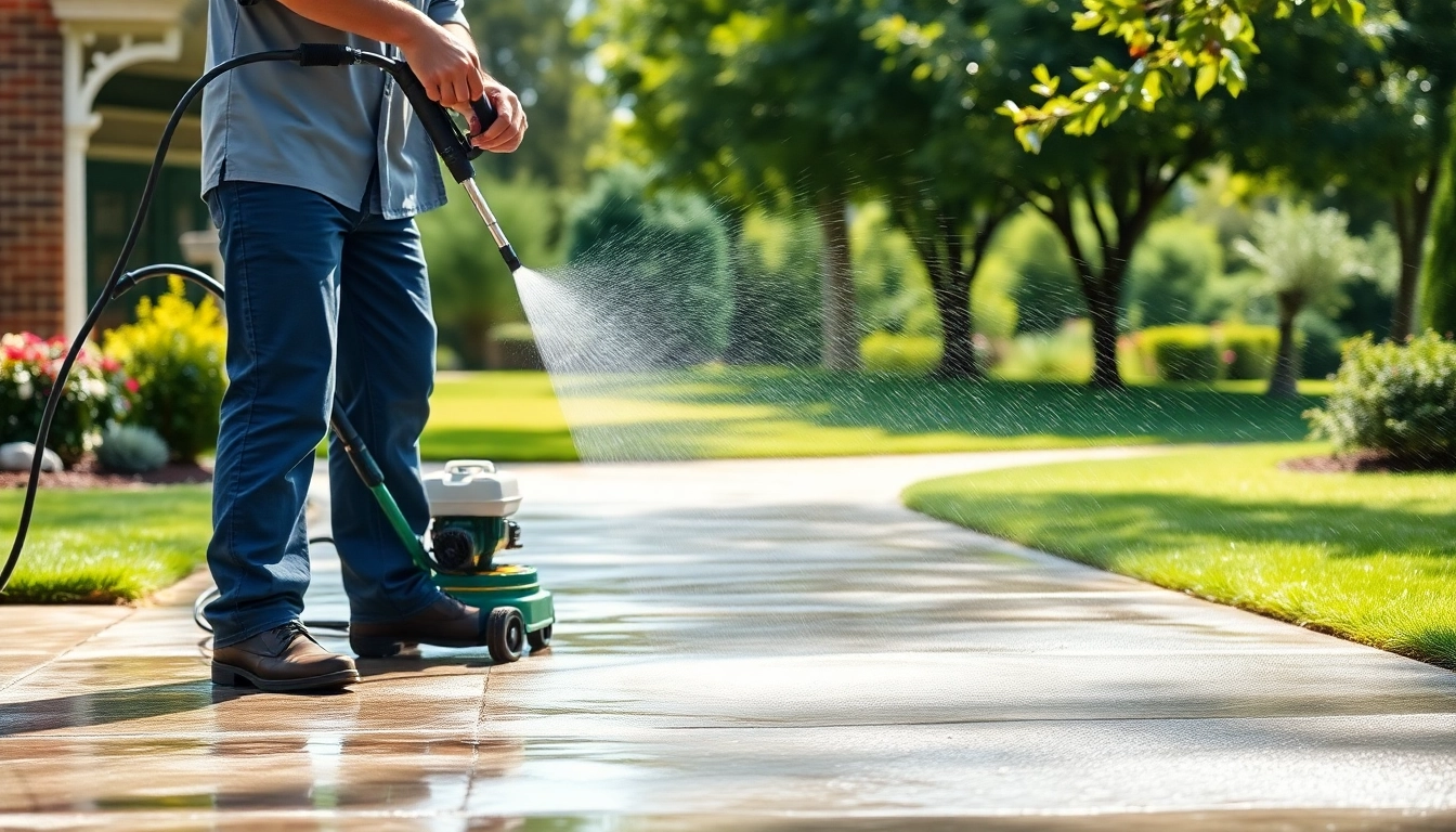 Driveway cleaning technician effectively washes a concrete driveway with water spray.