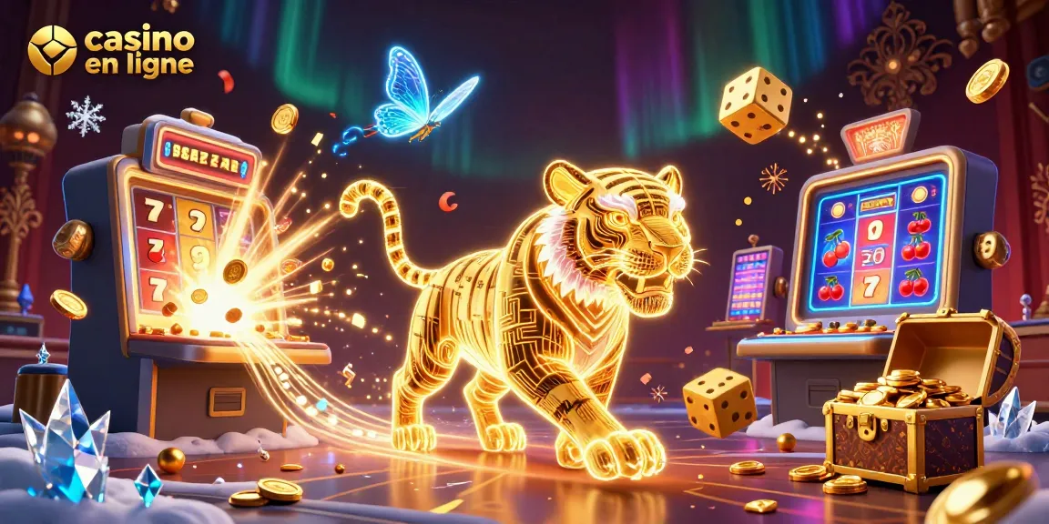 Visualisez casino en ligne avec un tigre lumineux au milieu de machines à sous et d’effets féériques.
