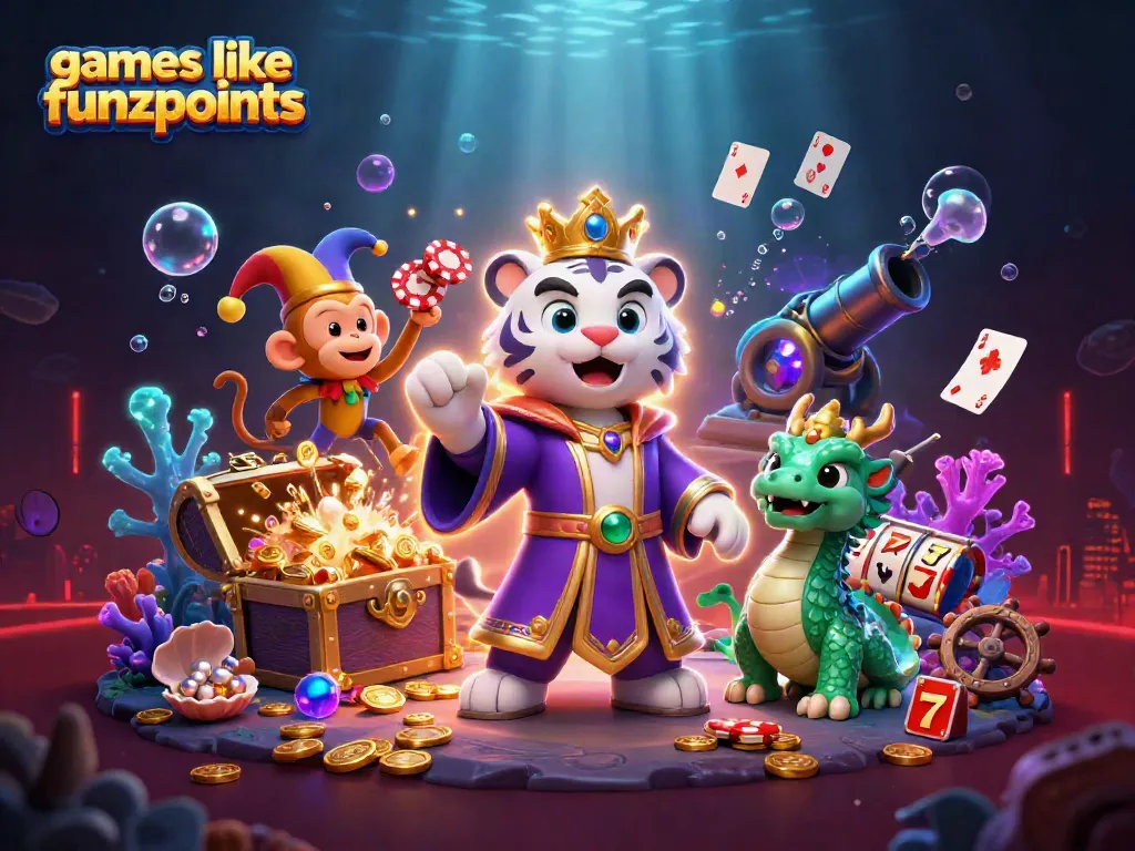 Play engaging games like funzpoints with vibrant 3D illustrations showcasing casino elements and colorful characters.