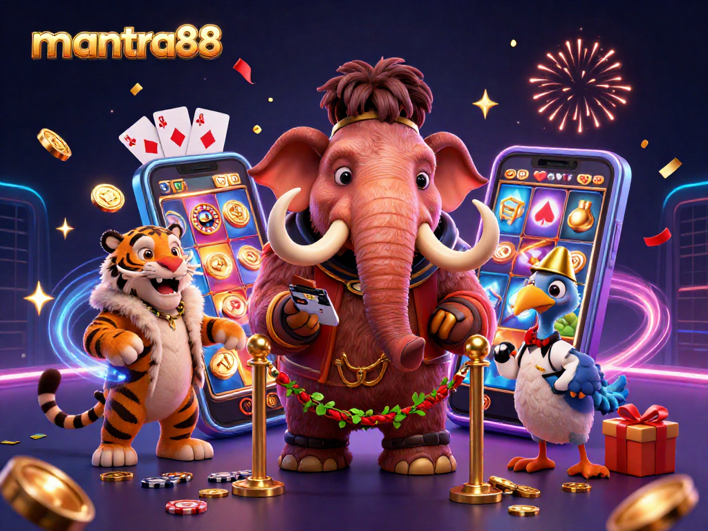 Experience winning thrills with mantra88 in this dynamic casino scene featuring a woolly mammoth bouncer.