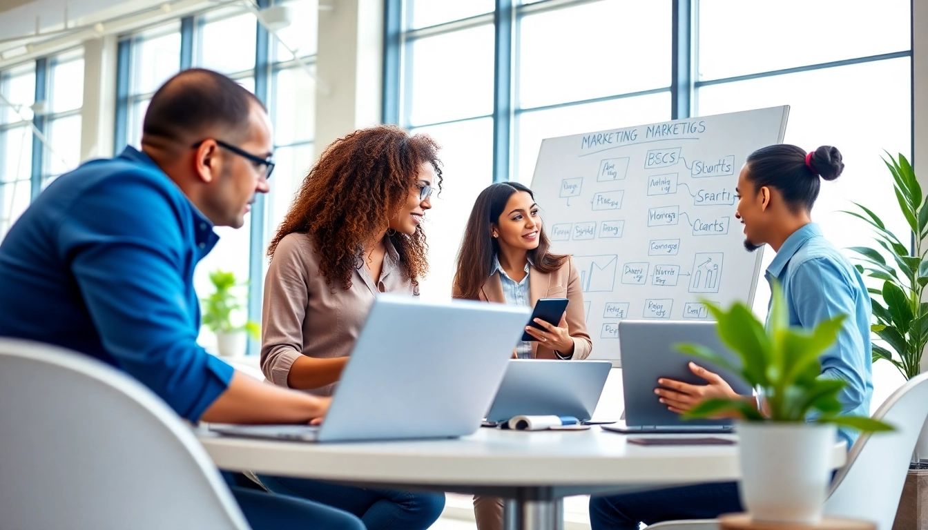 Engaged team collaborating on managed marketing service strategies in a bright office.