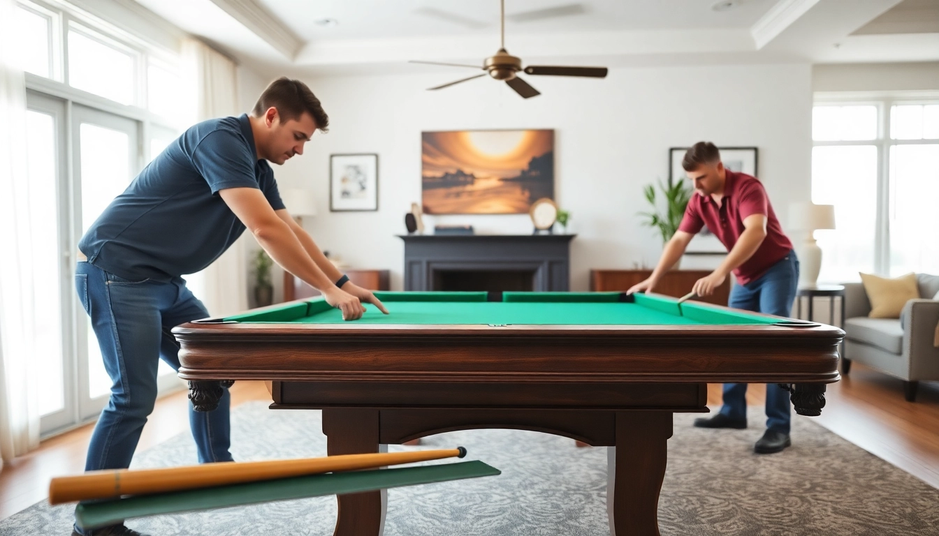 Expert pool table movers dallas carefully setting up a green felt table in a stylish living room.