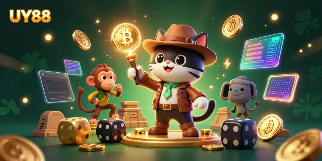 Experience thrilling adventures at UY88 with a cartoon cat and monkey exploring a golden casino artifact.