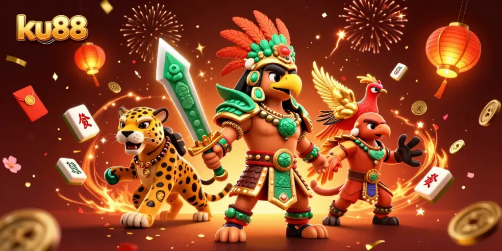 Bet on ku88 with 3D Aztec warriors and vibrant casino elements bringing luck and excitement.