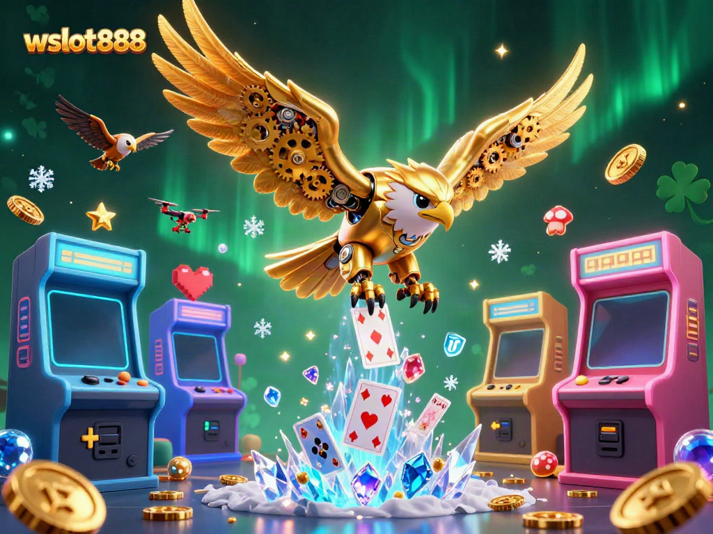 Bermain di WSLOT888 dengan permainan kasino digital sambil dikelilingi slot, kartu, dan mesin arcade.
