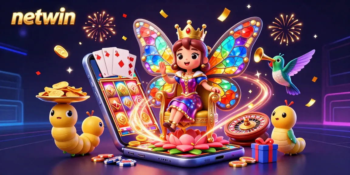 Experience wins with netwin's vibrant, animated casino scene featuring slots, chips, and dynamic characters.
