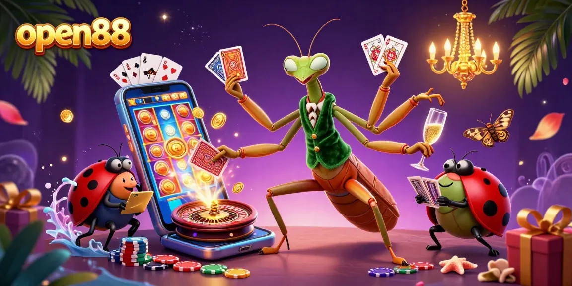 Experience excitement at open88 with a vibrant illustration of gambling antics featuring 3D cartoon characters and casino elements.