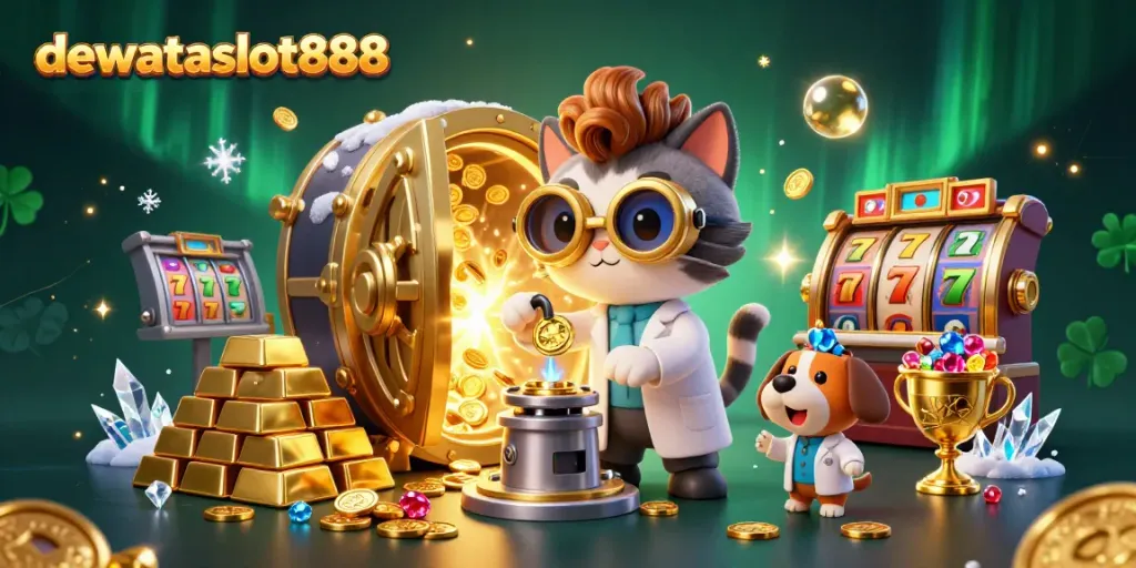 Dalam gambar ini, dewataslot888 menampilkan kucing ilmuwan gila dan anjing setia yang menciptakan mesin replika koin emas di kasino yang semarak.