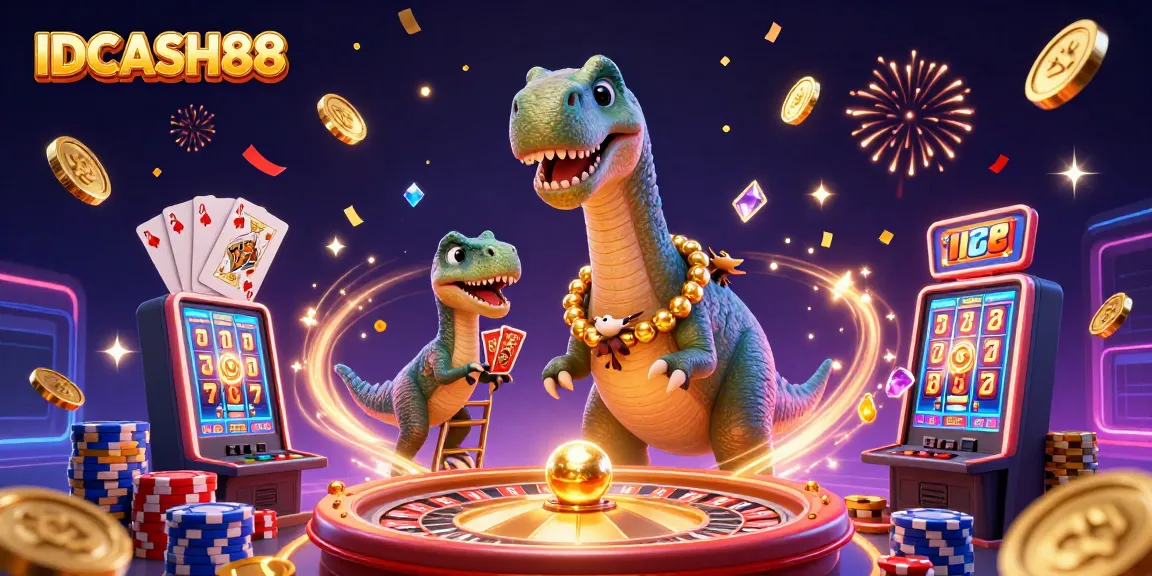 Engage with IDCASH88’s thrilling slots and poker action in a vibrant casino illustration.