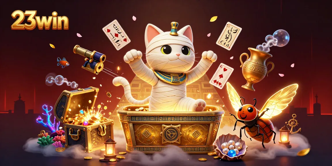 Engage with 23win in a vibrant casino scene featuring a mummy cat and scarab companions.