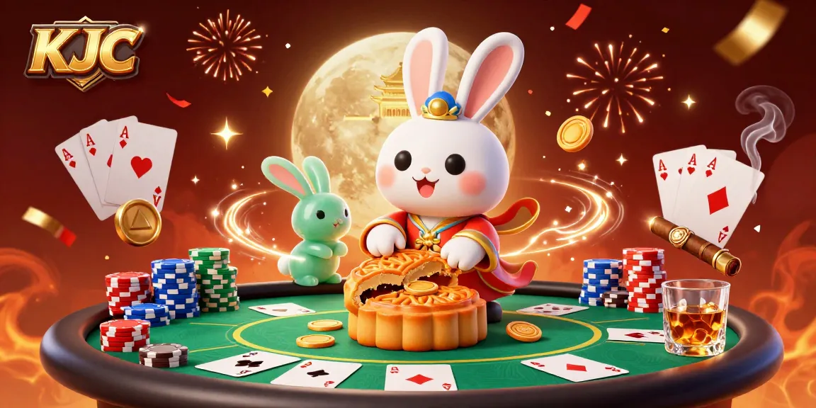 KJC launches high-stakes fun with a vibrant poker scene featuring golden mooncakes and rabbits on a lunar surface.