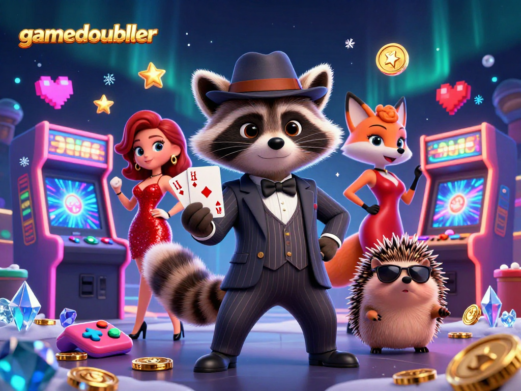 Play the gamedoubler slots and win with the charming raccoon, fox, and hedgehog in a vibrant casino.