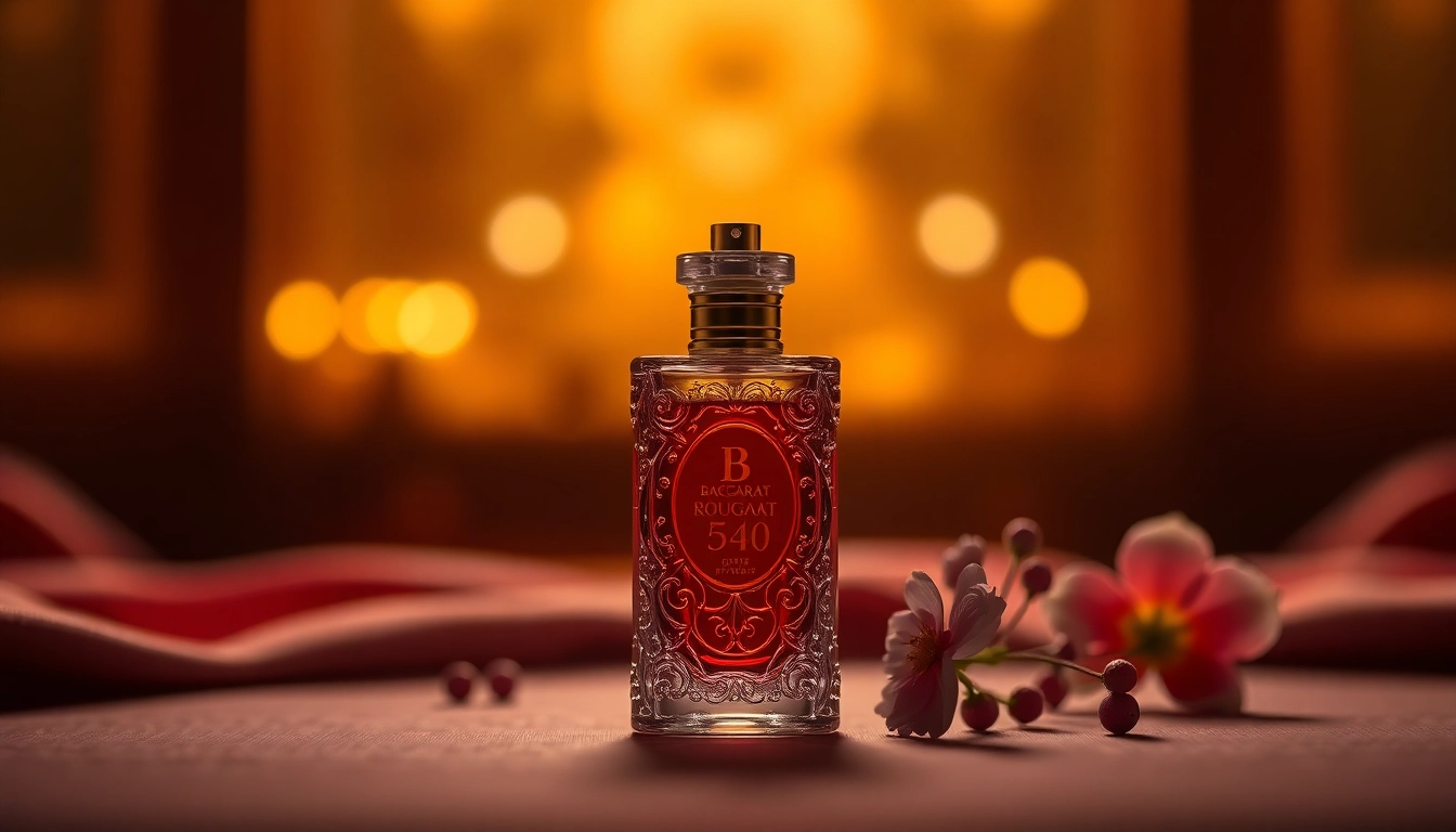 Baccarat Rouge 540 sample elegantly displayed in a luxurious setting with warm lighting.