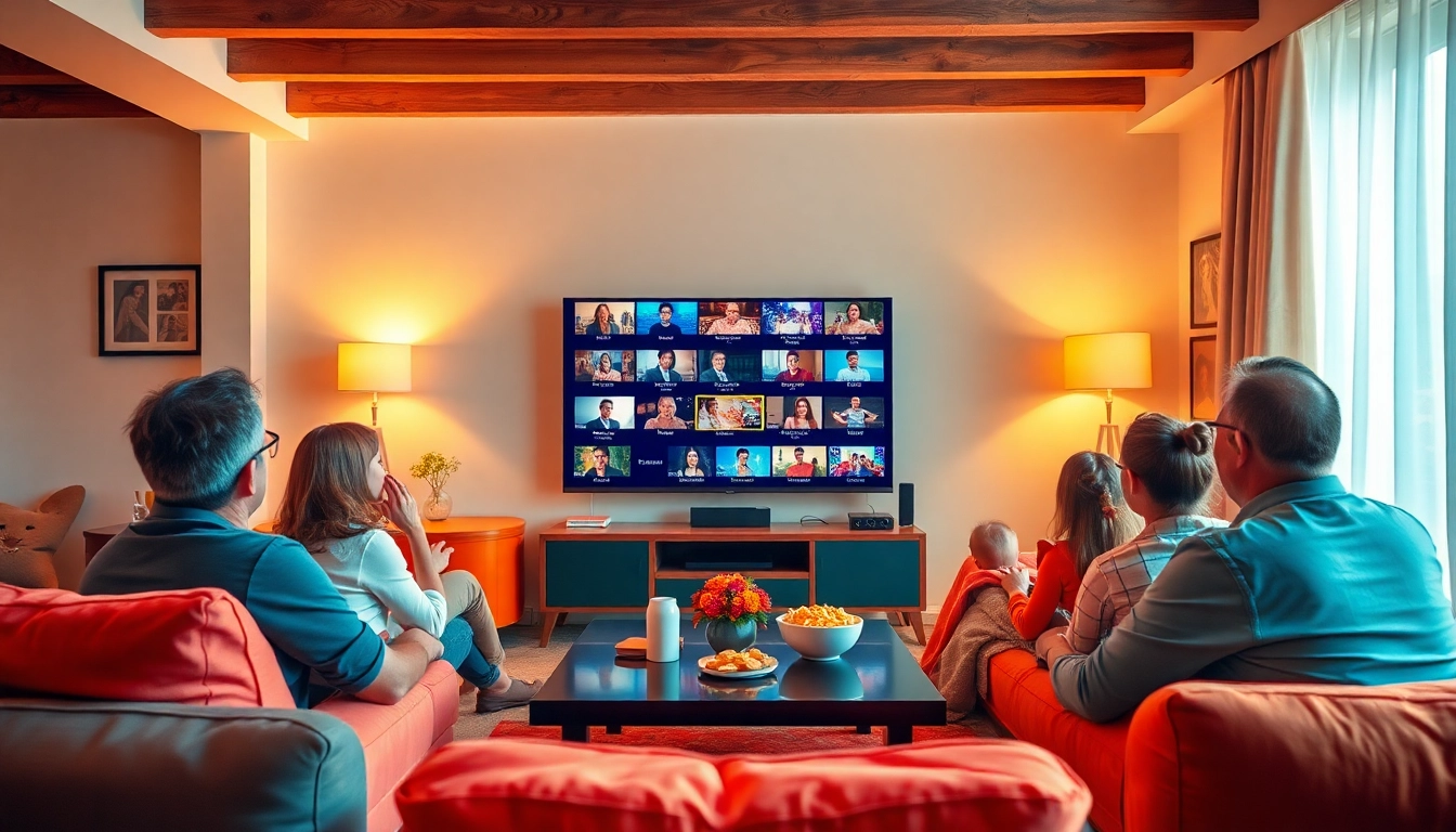 Families enjoying diverse IPTV Canada channels in a cozy living room setting.