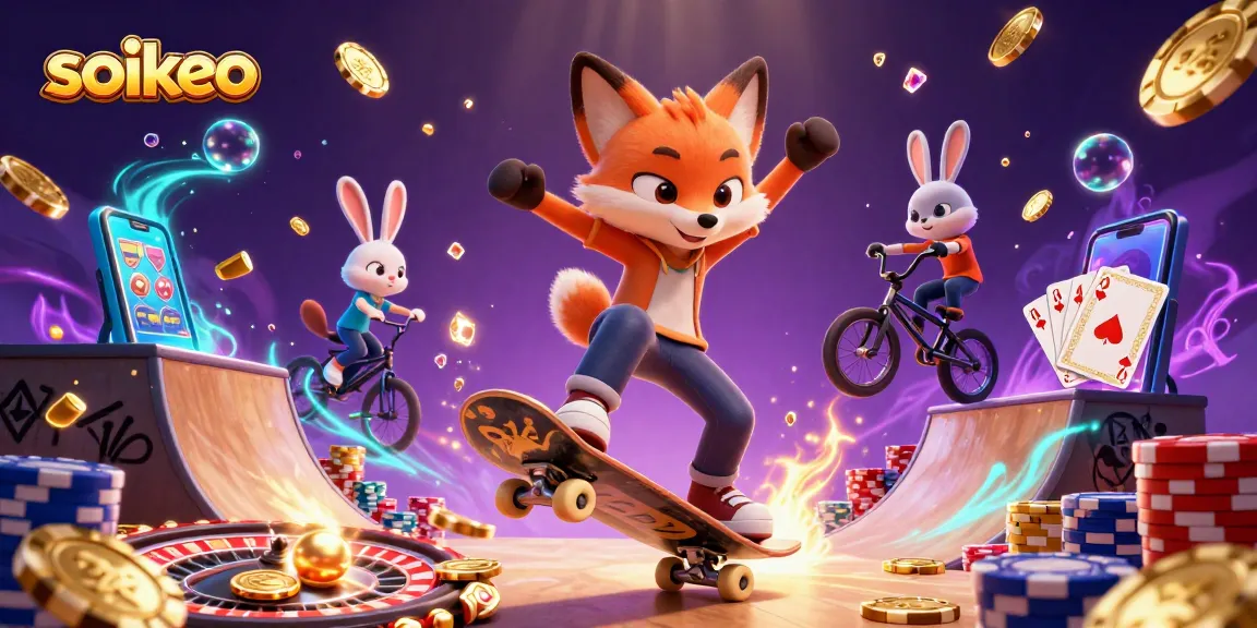 soikeo showcases a 3D skateboarder fox performing tricks surrounded by vibrant casino elements and excitement