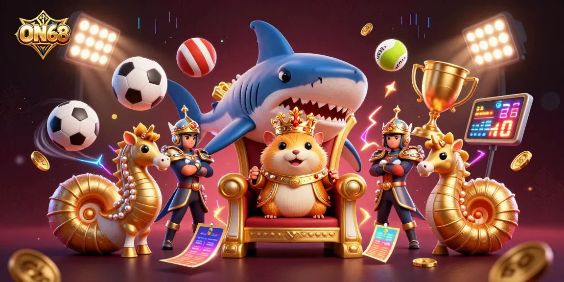 Experience thrilling action at ON68 with playful characters and sports elements in a vibrant casino scene.