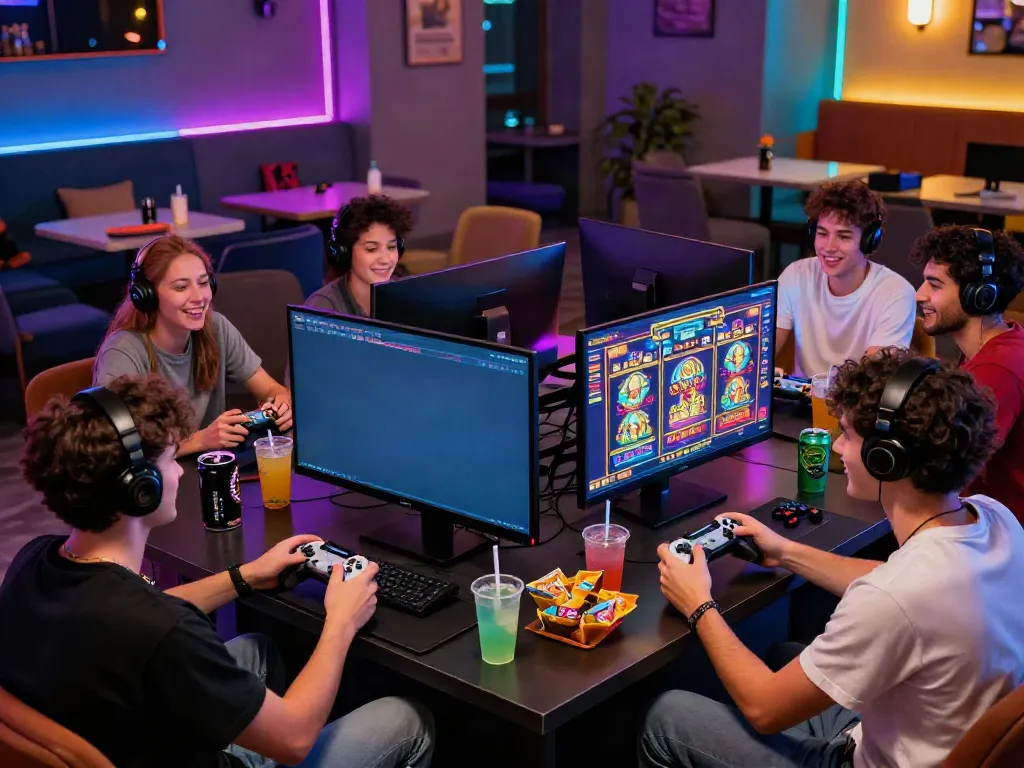 situs slot gacor gaming atmosphere with friends enjoying slot games on a large screen