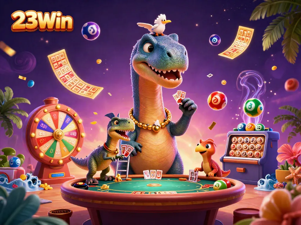 Engage with 23Win in a vibrant casino scene filled with playful characters and dynamic gambling elements.