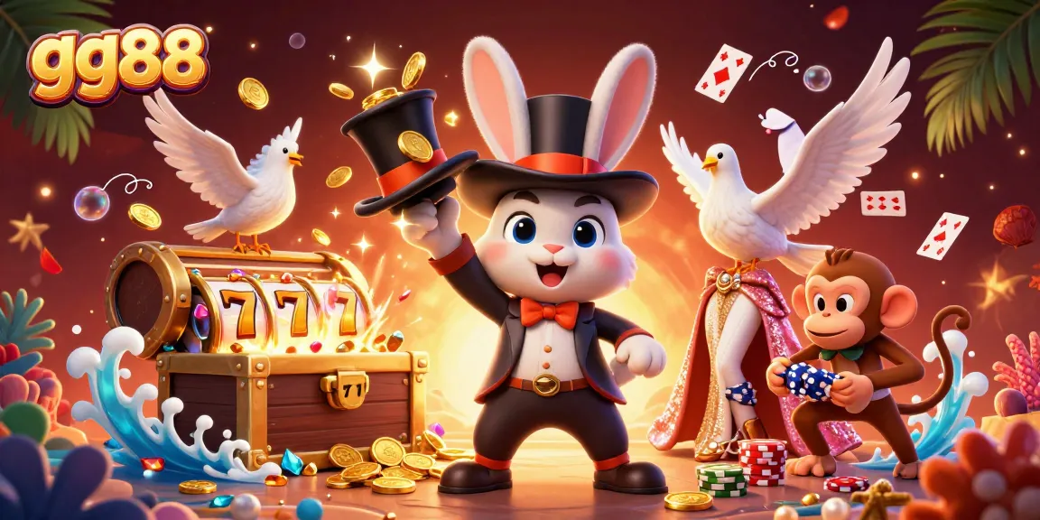 Experience thrilling action at gg88 with a whimsical illustration of a magician, dove, and monkey amidst playful casino elements.
