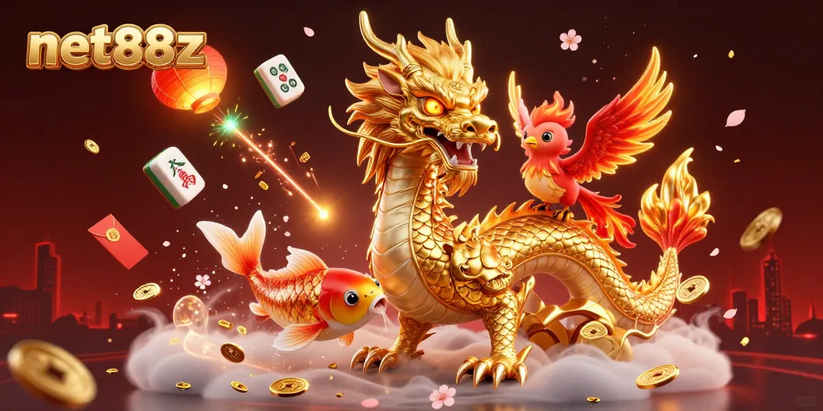 Experience epic wins at net88z with vibrant casino-themed 3D illustration featuring a dragon, phoenix, and koi fish.