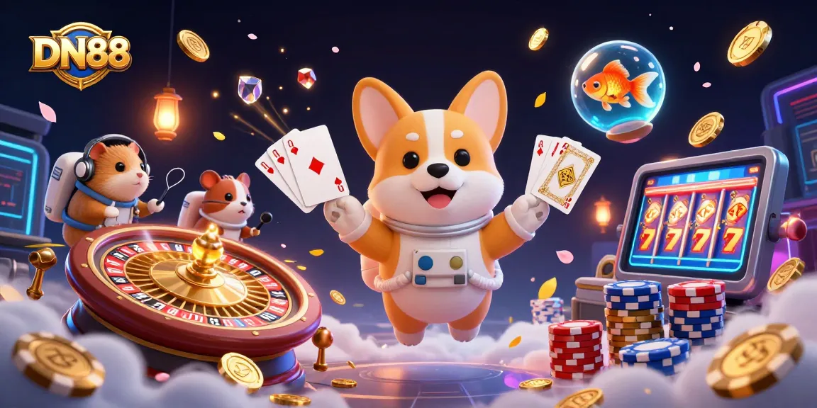Engage with DN88's vibrant casino experience featuring a floating astronaut corgi and lively gaming elements.