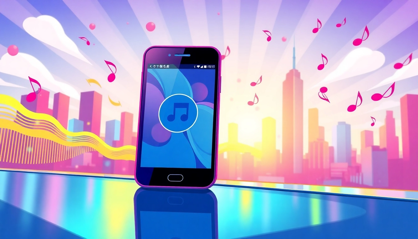 使用汽水音乐app聆听音乐的现代智能手机,在城市背景中活跃。