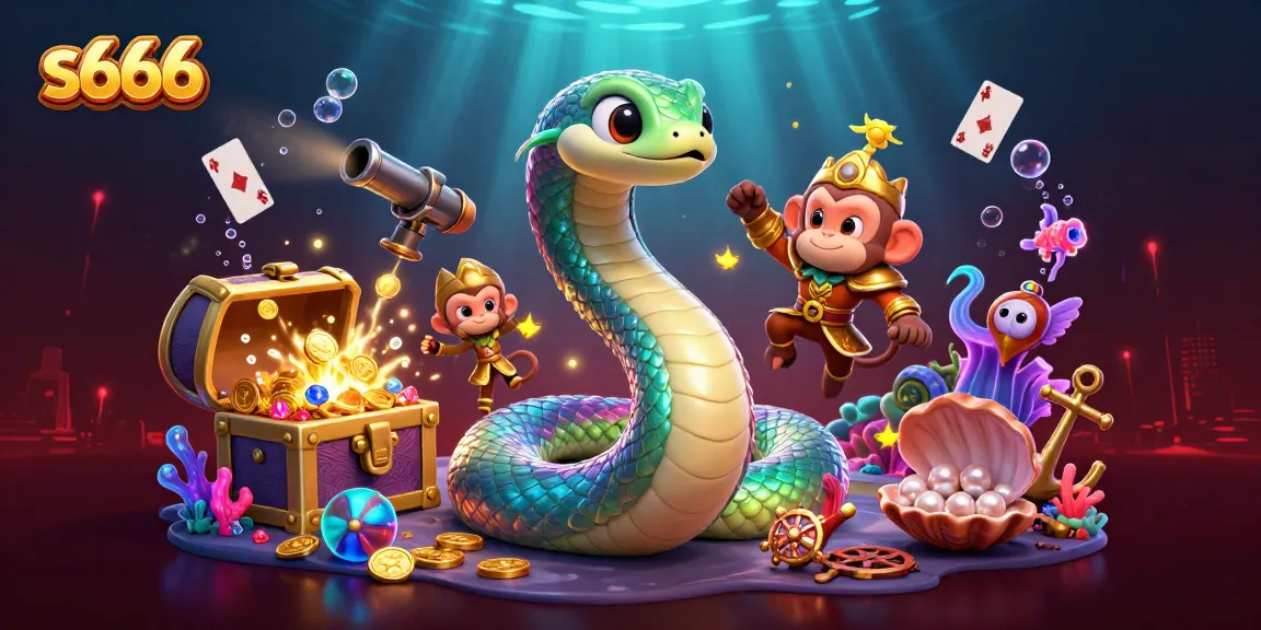 Experience gaming thrills with s666's dazzling 3D serpent and lively monkey king amidst colorful treasures.