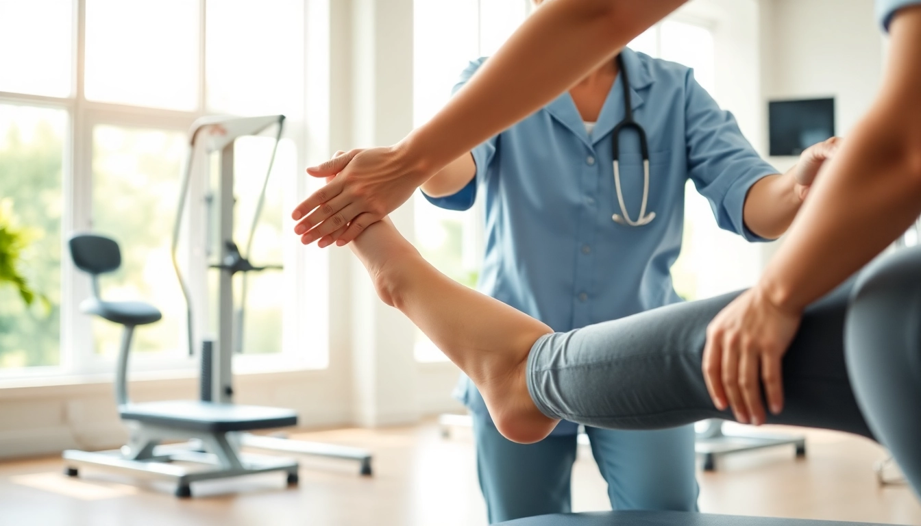 Physiotherapy near me: A therapist guiding a patient's rehabilitation in a calm clinic.