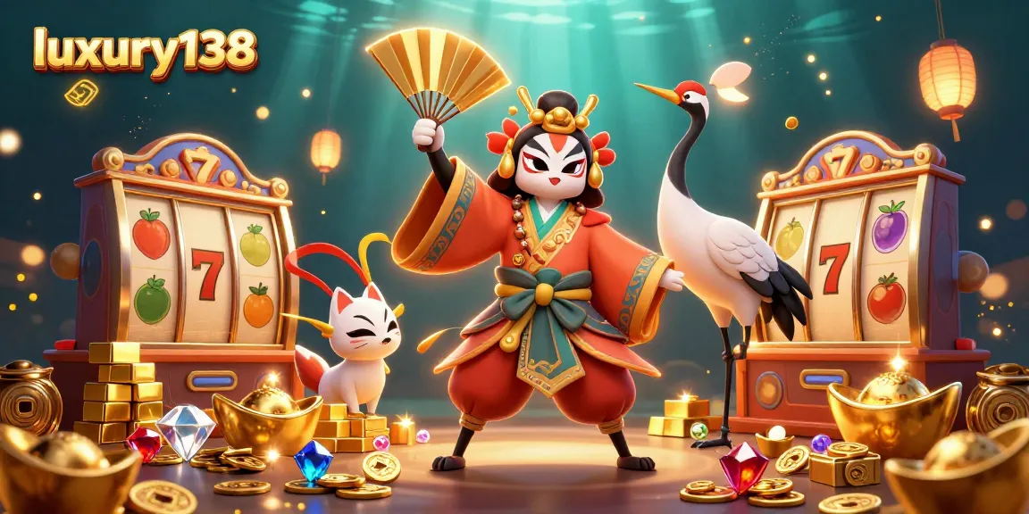 Experience the thrill of luxury138 casino with a vibrant 3D illustration showcasing slot reels and treasure!