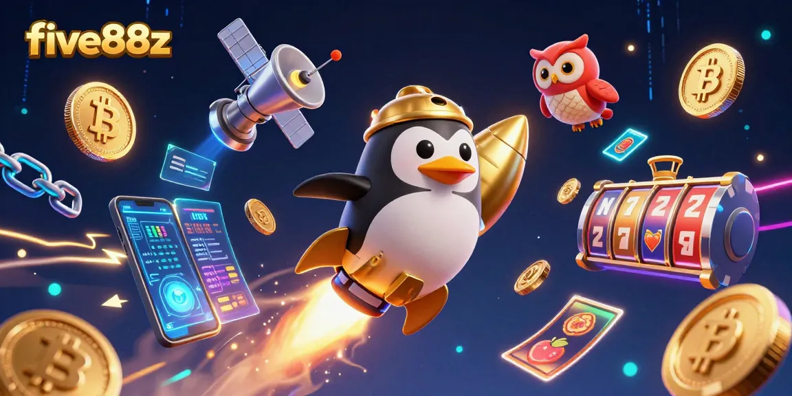 Engage with five88z's energetic casino space adventure featuring a golden penguin and slot elements.