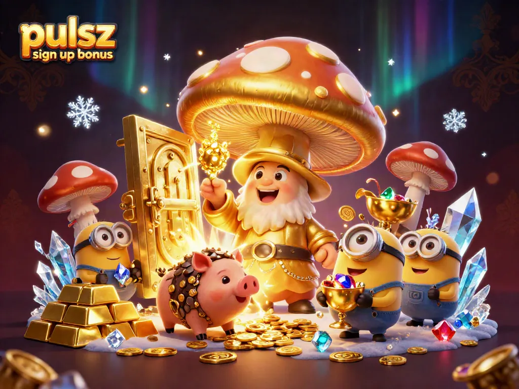 Experience the pulsating energy of the pulsz sign up bonus with a golden wizard and treasure in this vibrant casino scene.
