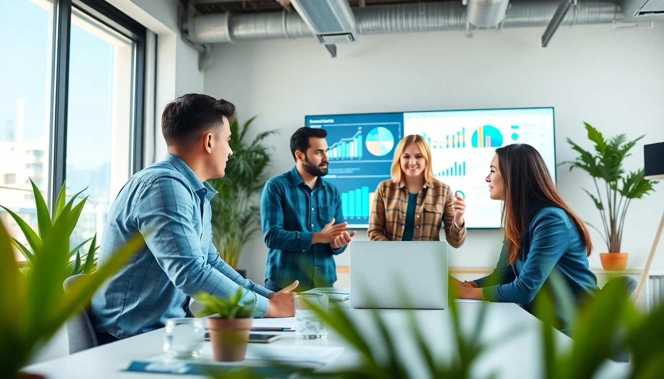 Marketing strategist collaborating with a diverse team in a modern office setting.