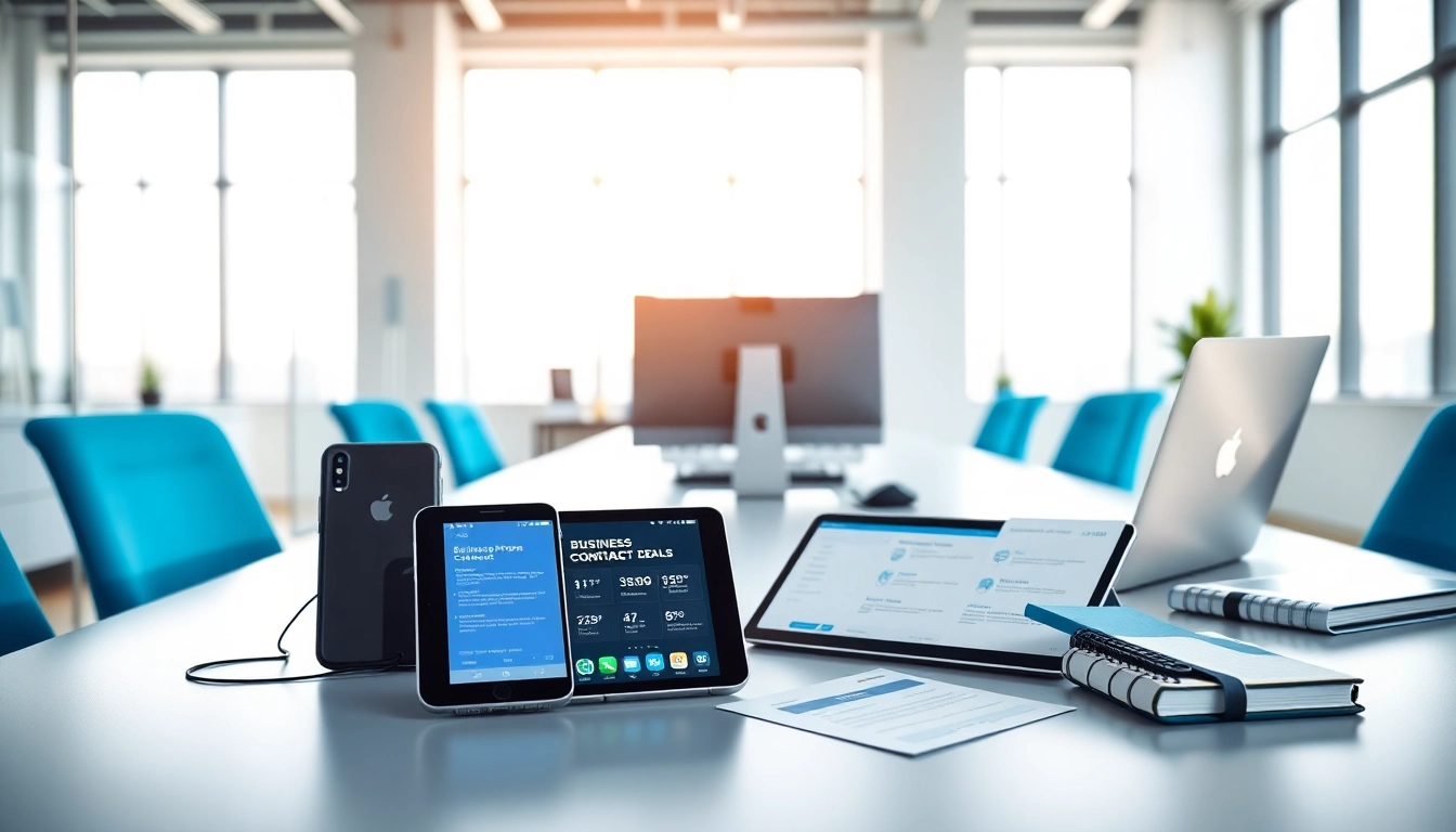 Highlight business phone contract deals through a dynamic office setup featuring modern phones and technology.